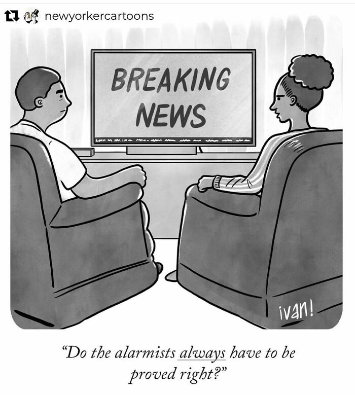 One-panel comic by Ivan Ehlers showing two people watching breaking news on TV with a surprising caption.