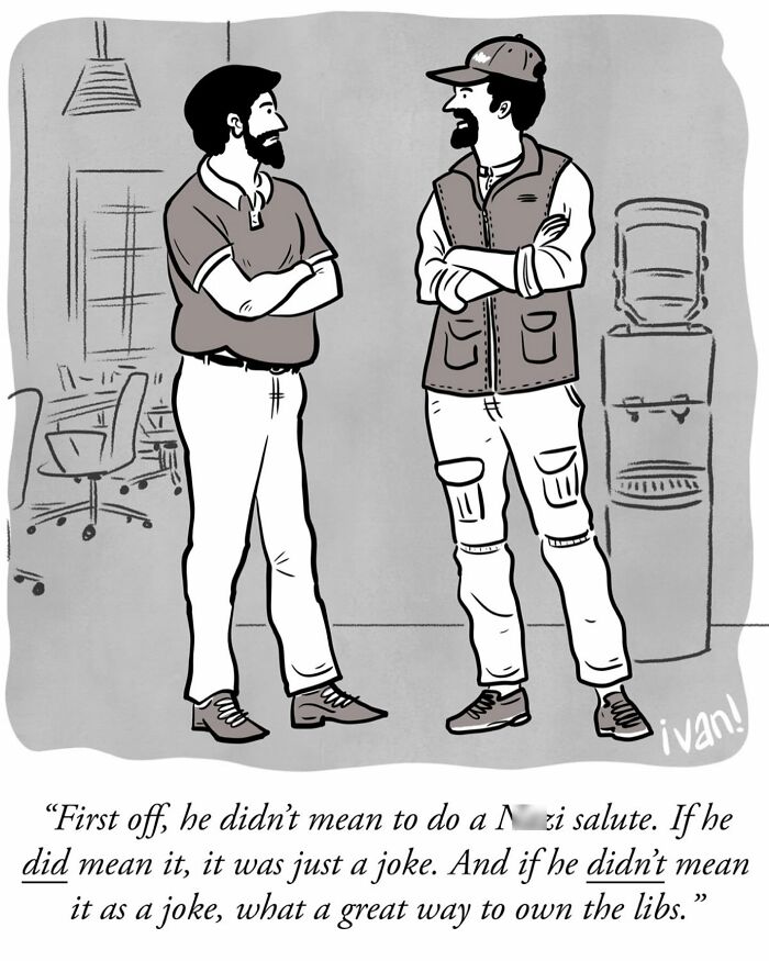 Two men with beards having a conversation in a comic style, part of hilariously unexpected one-panel comics by Ivan Ehlers.