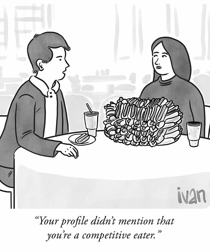 Black and white one-panel comic by Ivan Ehlers showing a couple at a table with an enormous pile of hot dogs, highlighting unexpected humor.