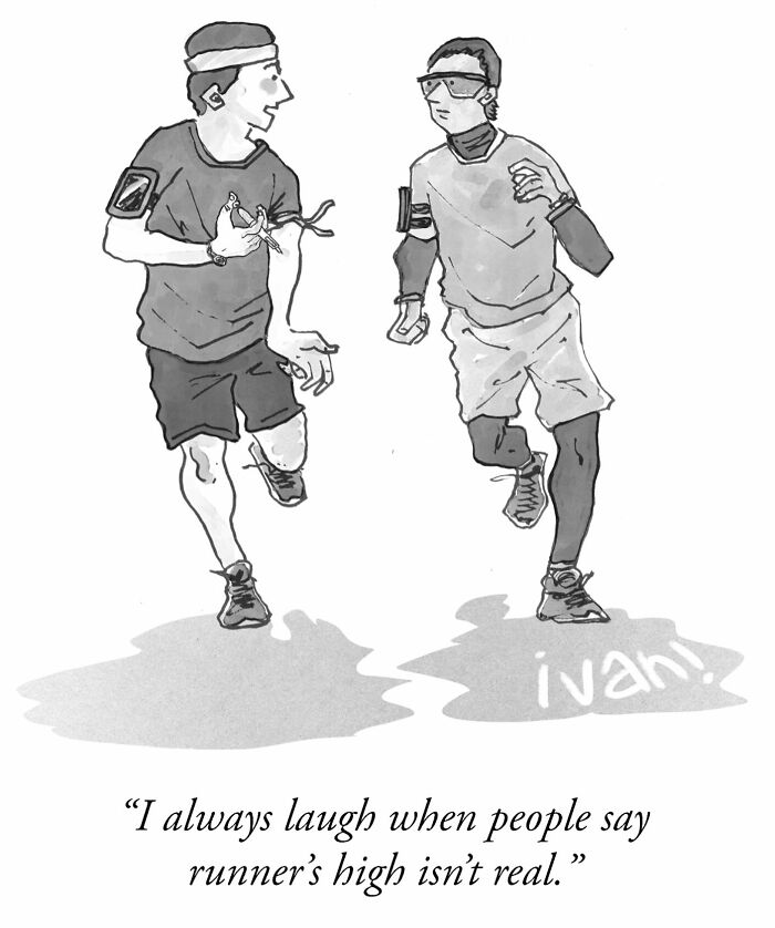 Two runners in a one-panel comic by Ivan Ehlers, humorously illustrating runner's high with creative surprise.