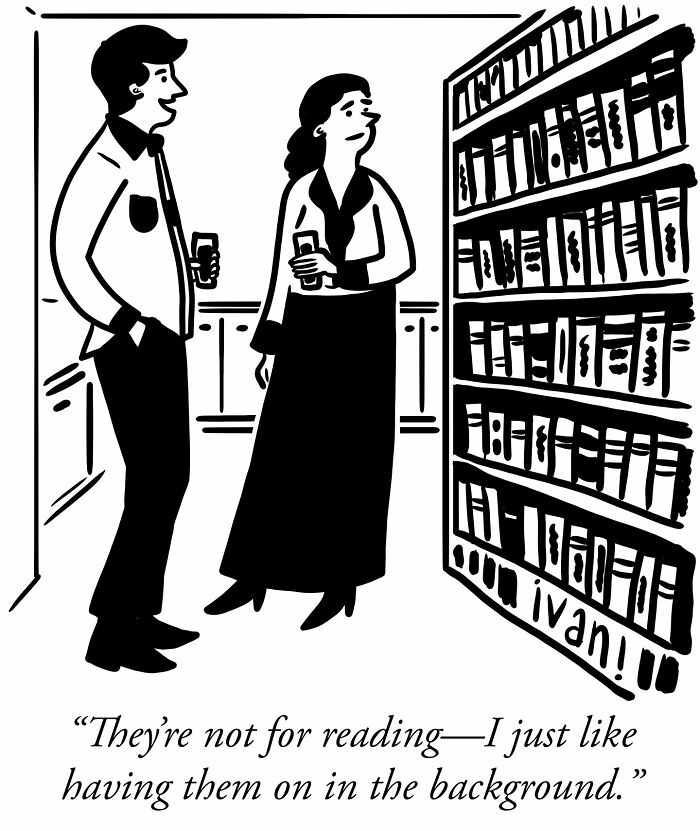 Two people holding drinks chat near a bookshelf in a hilariously unexpected one-panel comic by Ivan Ehlers.
