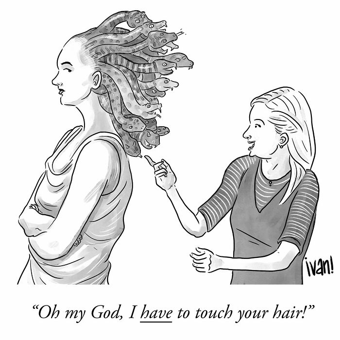 One-panel comic by Ivan Ehlers showing a woman with snake hair and another woman wanting to touch it.