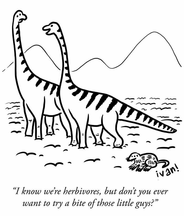 One-panel comic by Ivan Ehlers featuring dinosaurs humorously considering eating small creatures.