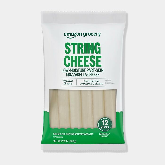 Amazon Fresh string cheese package showing 12 sticks of low-moisture part-skim mozzarella cheese grocery staple.