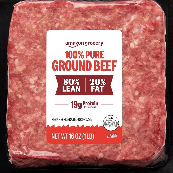 Amazon Fresh 100% pure ground beef package, 80% lean 20% fat, one-pound meat staple for grocery shopping.
