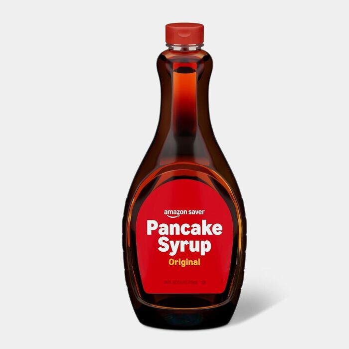 Amazon Fresh pancake syrup bottle labeled original, showcasing affordable grocery staples from Amazon Fresh.