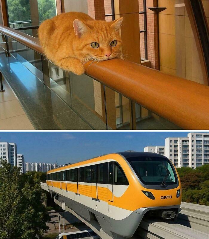 Orange cat lying on a railing indoors, paired with an orange and white monorail train in an urban setting.