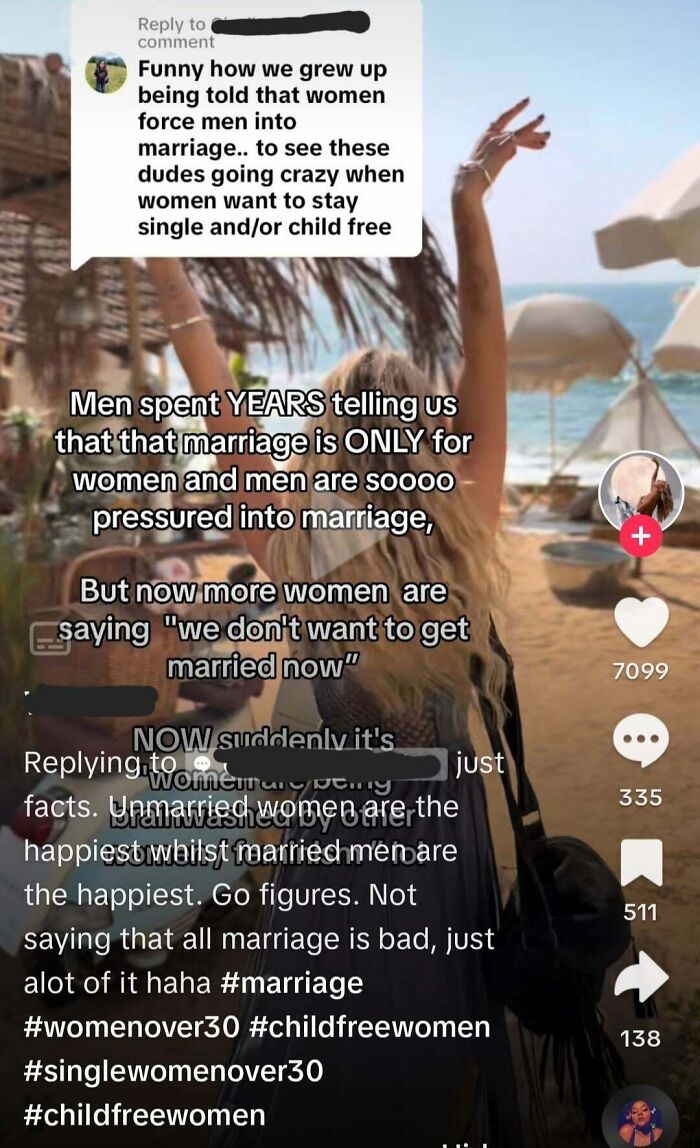 Woman raising arms on beach with text about marriage pressure and women choosing to stay single or childfree, addressing misogynists.