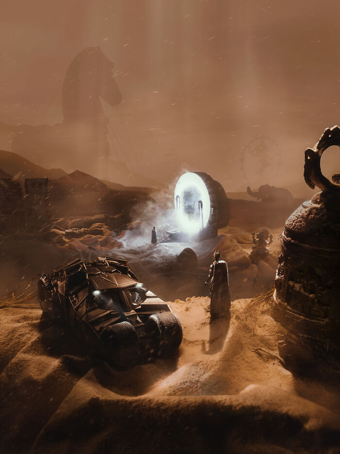 Surreal desert scene with futuristic vehicle, glowing portal, and shadowy figures in an unreal photograph setting.