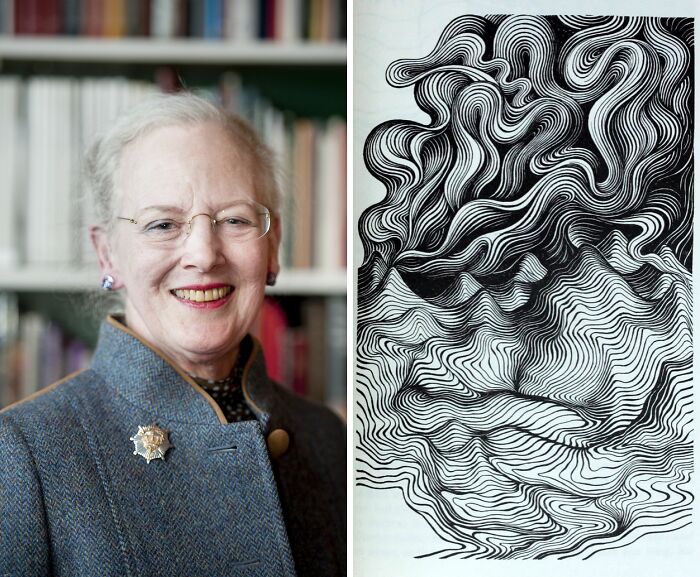 Older woman smiling in front of bookshelves beside black and white abstract art, illustrating surprising facts about royals.