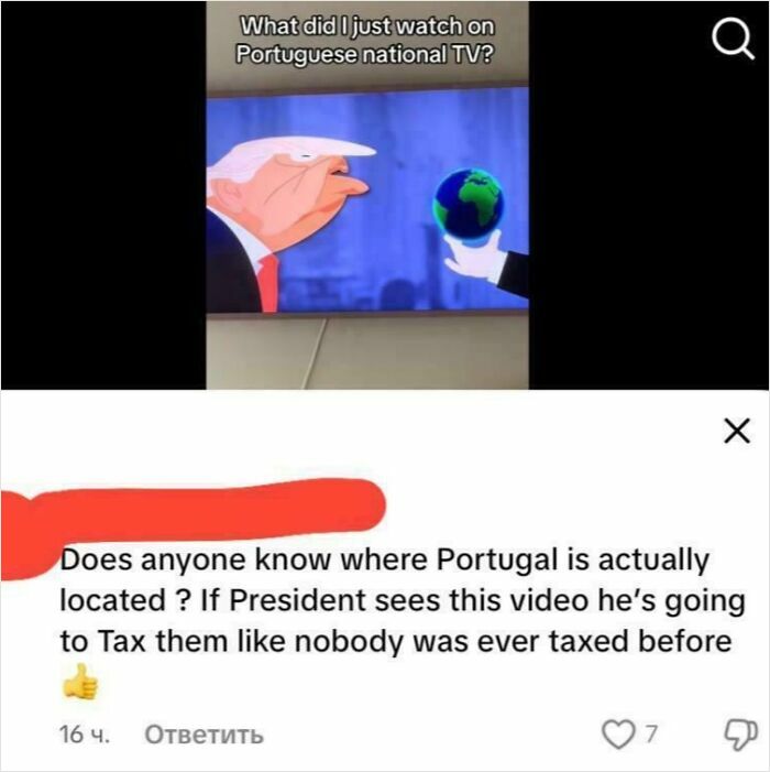 Cartoon of a man looking at a globe with a caption about Portugal on Portuguese national TV, highlighting a humorous misunderstanding.