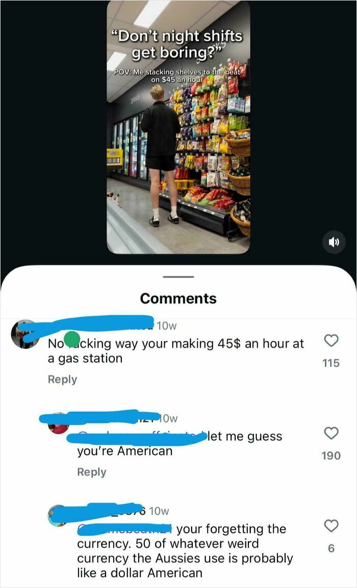 Person stocking shelves at night shift in a grocery store with comments about American wages and currency confusion.