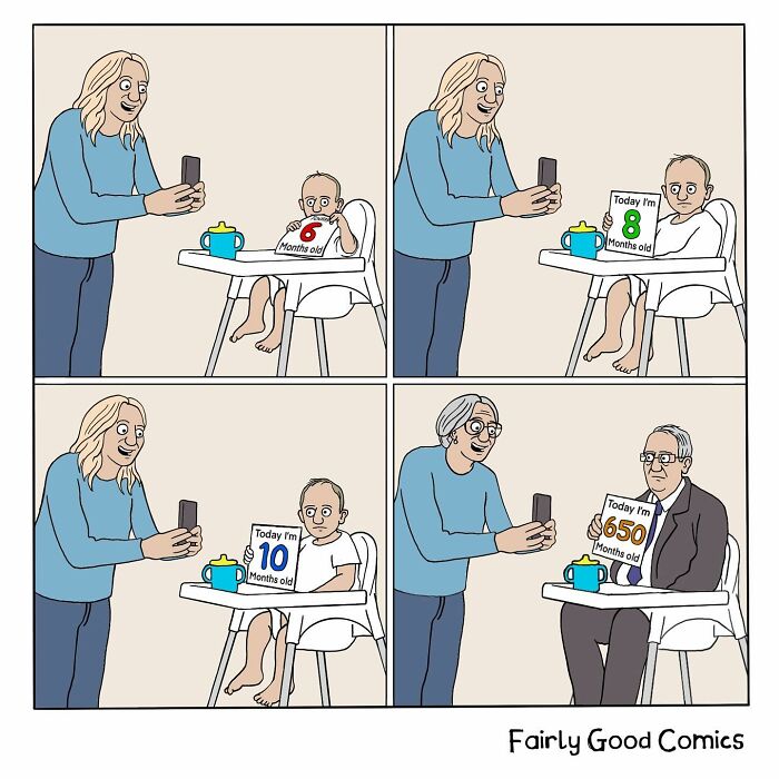 Baby growing into old man holding signs with months old ages, captured in a hilarious inappropriate comic by the Ward Brothers.