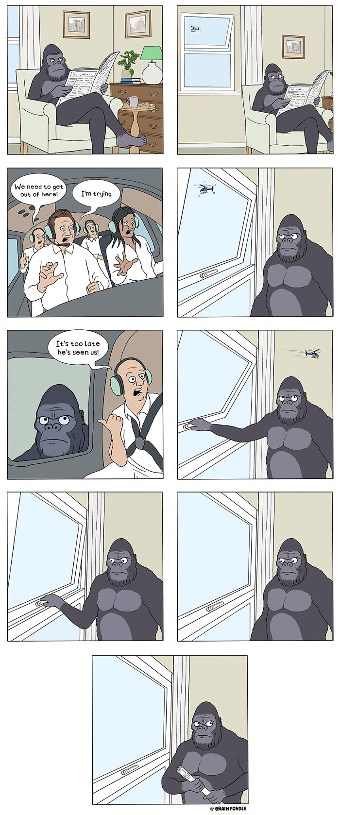 Gorilla cartoon by the Ward Brothers opening a window to stop a helicopter in a hilariously inappropriate comic.