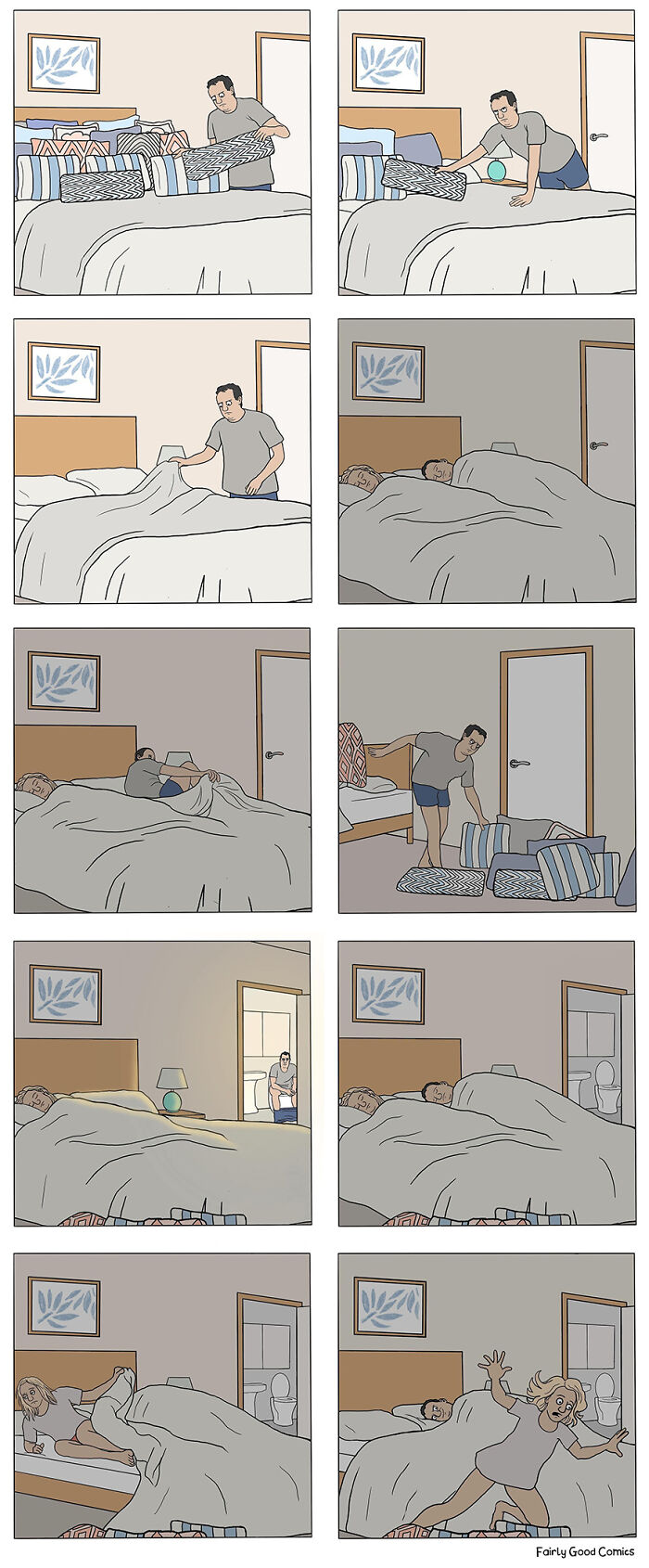 Man in inappropriate comic by the Ward Brothers accidentally wakes partner by moving pillows before bed.