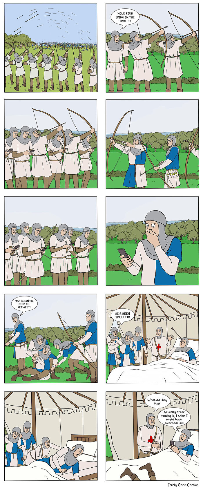 Medieval archers in a comic by the Ward Brothers, humorously depicting a battle with modern social media trolling.
