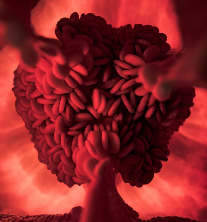 Close-up of an unreal photograph showing a highly detailed red organic structure with tubular formations and a glowing background.
