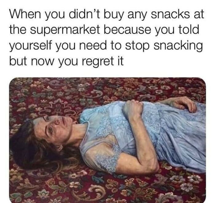 Woman in a classical art style meme lying on a patterned carpet, expressing regret after not buying snacks.