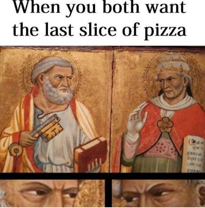 Two figures from classical art humorously depicted competing over the last slice of pizza in a chaotic meme style.