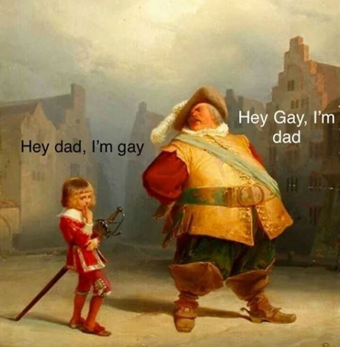 Classical art meme showing a humorous dialogue between a child and a man in historical costumes, highlighting chaotic art humor.