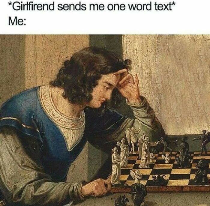 Man in classical art style concentrating on chessboard with statues, humorous classical art memes about overthinking texts.