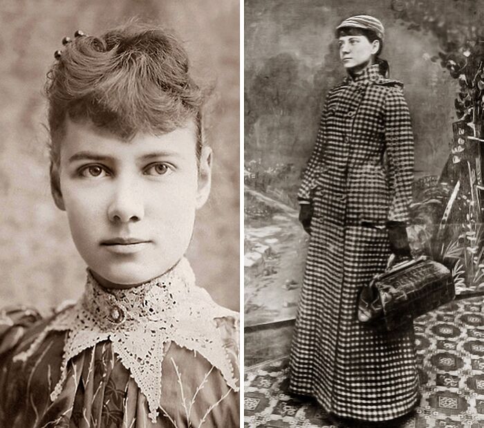 Portrait of a woman in Victorian attire and a full-length photo in period clothing representing historical events.