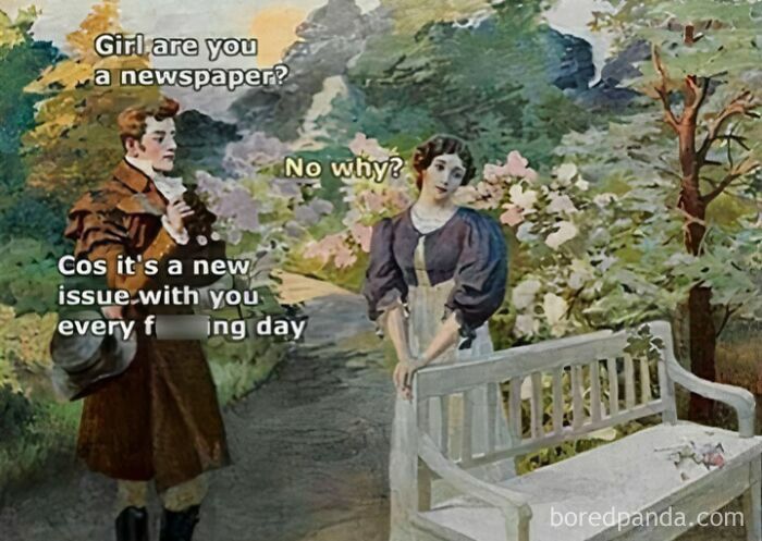 Classical art meme showing a man and woman in a garden with a humorous conversation about daily issues.