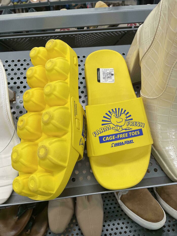 Bright yellow thrift store sandals designed like an egg carton with farm fresh cage-free toes branding.