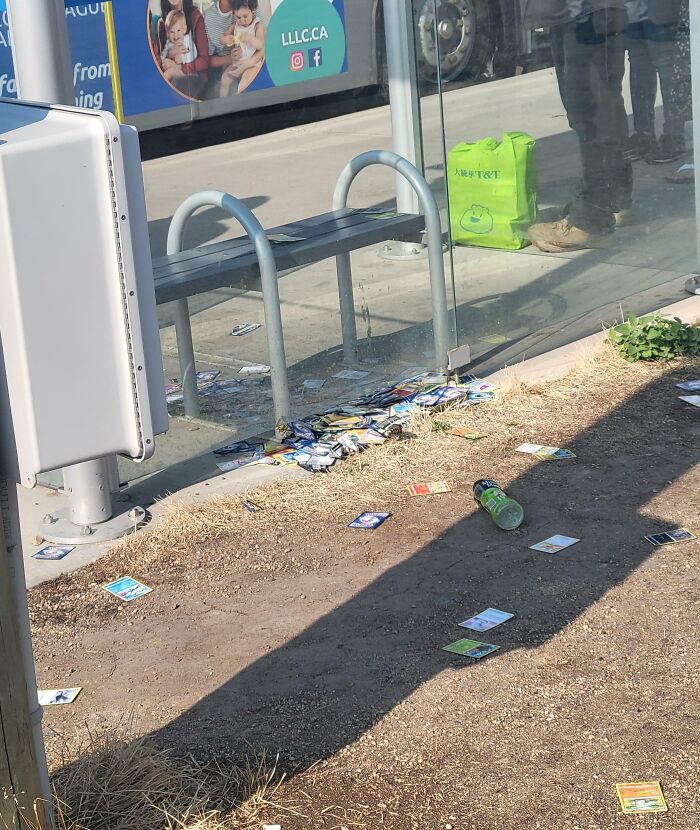 Litter and scattered cards left by public transport passengers on the ground and bus stop area on a sunny day.