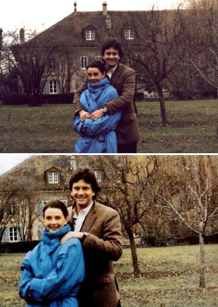 Couple embracing outdoors in front of a large house, featured in the last known photos of famous people.