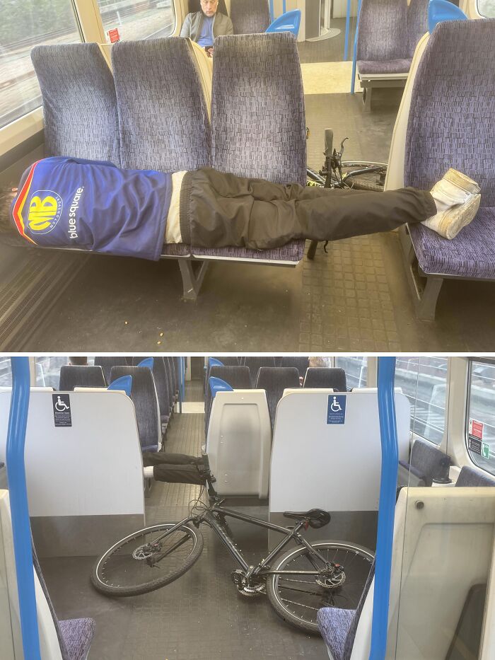 Passenger lying across multiple seats and a bike blocking space on public transport, illustrating infuriating passenger behavior.