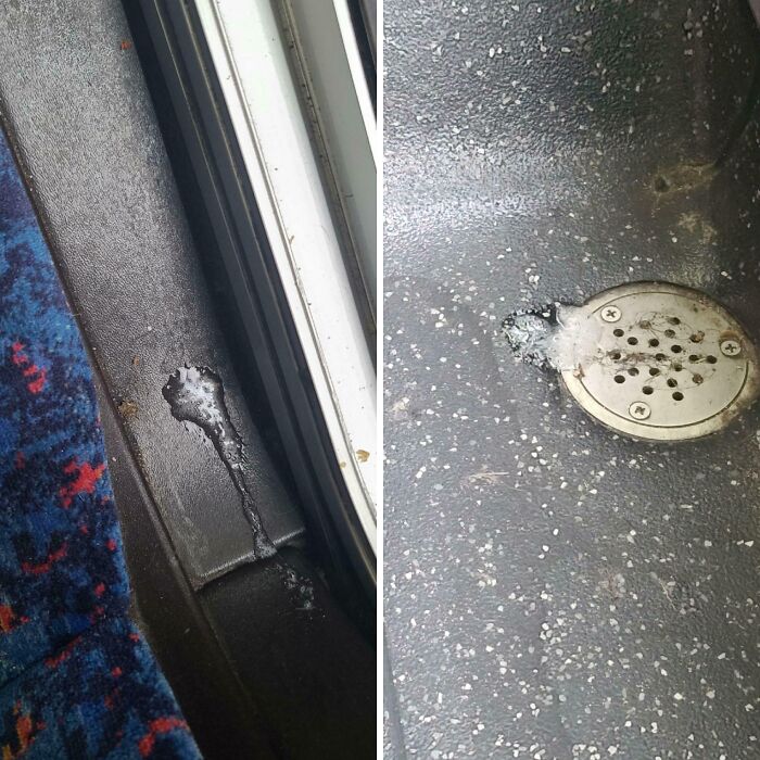 Sticky gum residue left on a public transport floor and near a metal drain, showing careless passenger behavior
