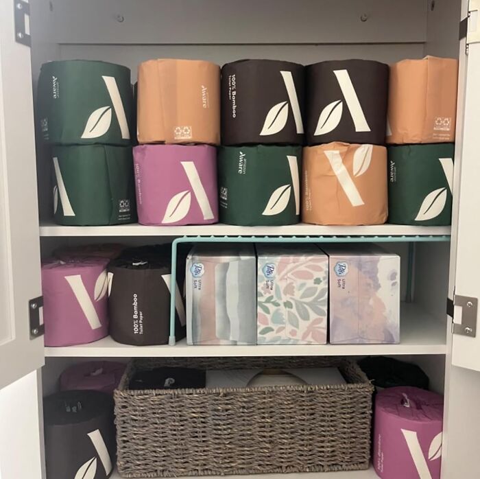 Organized cabinet with eco-friendly bamboo toilet paper and tissue boxes for a chemical-free home swap.