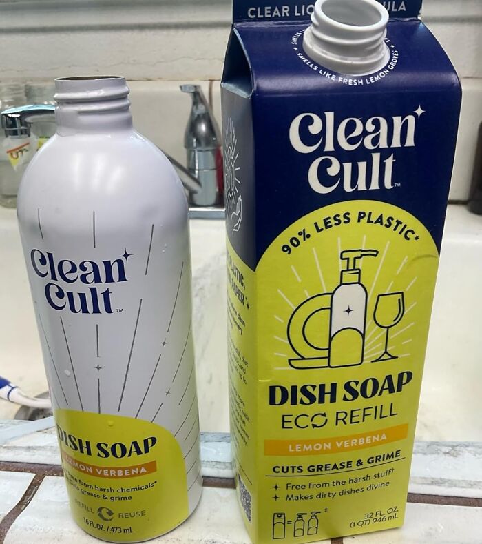 Clean Cult chemical-free dish soap with lemon verbena scent in eco refill packaging, promoting clean and simple living.