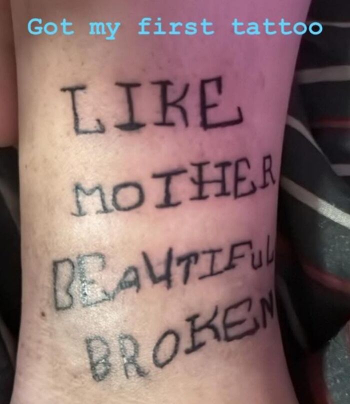 Funny bad tattoo on leg with misspelled words that people hilariously failed to notice, showcasing inkshaming moments.