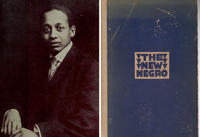 Black and white portrait of a man next to the book cover titled The New Negro, symbolizing Harlem Renaissance moments.