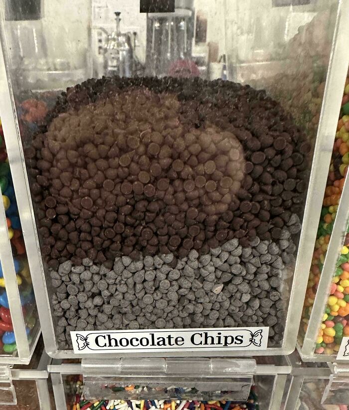 Clear container filled with various chocolate chips in a candy dispenser showing variety for comparison pics.