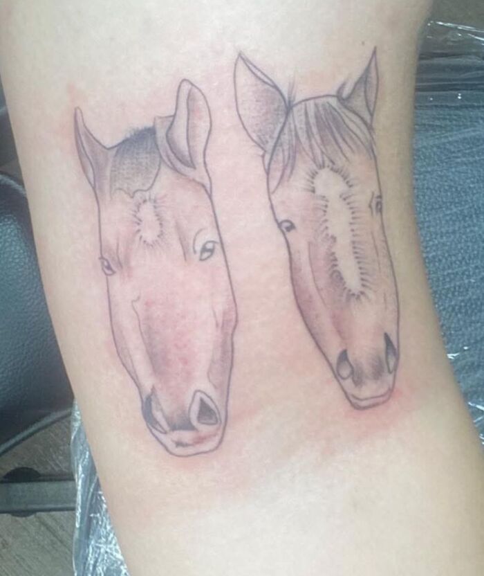 Two poorly drawn horse head tattoos on skin, showcasing hilariously bad tattoos people didn’t realize.