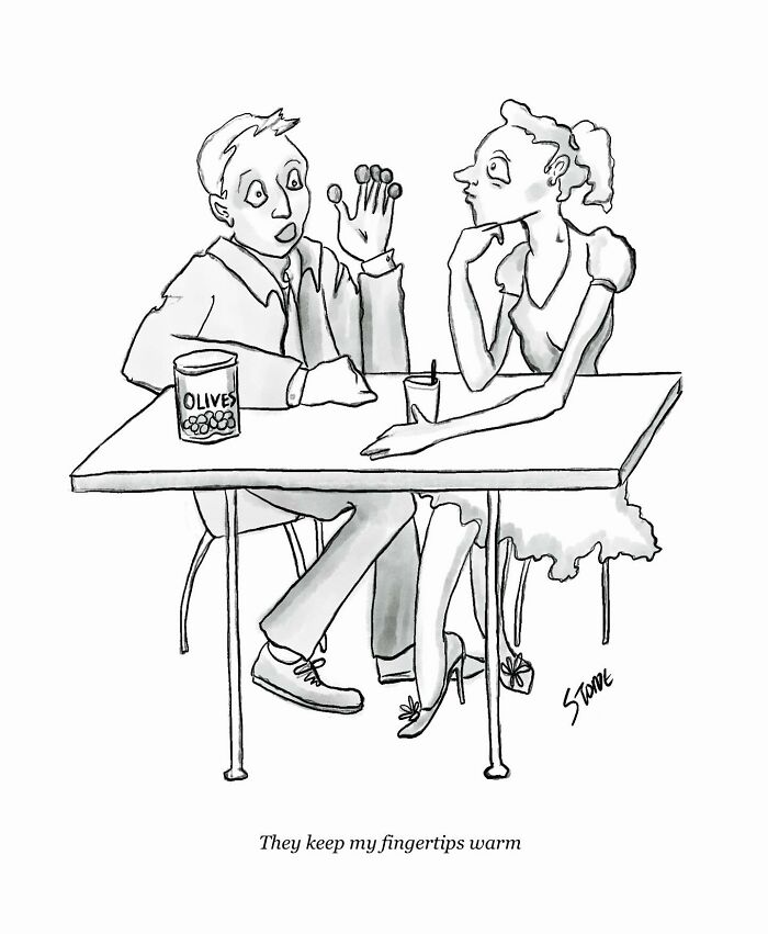 Black and white comic showing a man humorously explaining olives keeping his fingertips warm, illustrating everyday thoughts.