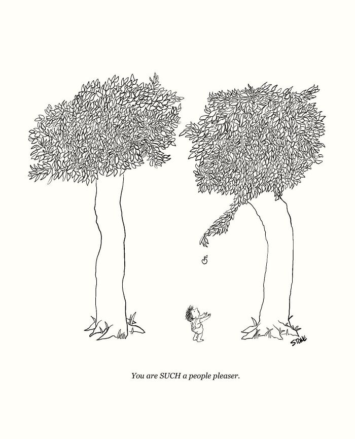 Black and white comic illustration showing a small person reaching between two trees with the caption about people pleasing.