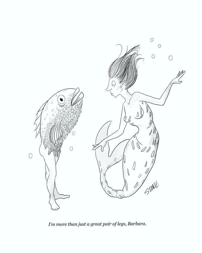 A hilarious comic by an artist turning everyday thoughts into funny underwater characters interacting humorously.