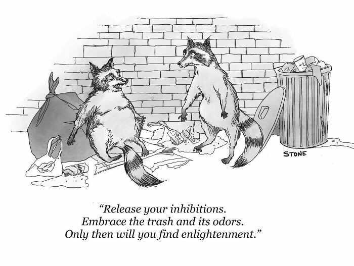 Two raccoons surrounded by trash by a brick wall in a hilarious comic about everyday thoughts and trash odors.
