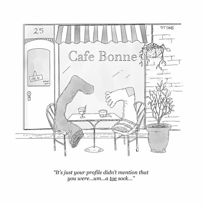 Black and white comic showing two anthropomorphic socks having a conversation outside a cafe, illustrating everyday thoughts humorously.
