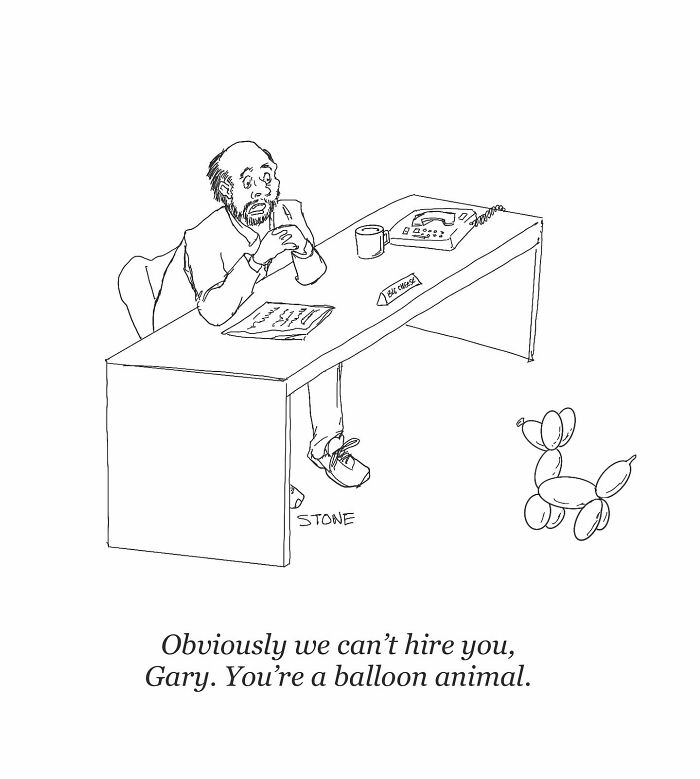 Hilarious comic by artist showing a man rejecting a balloon animal for a job during a humorous everyday thought scenario.