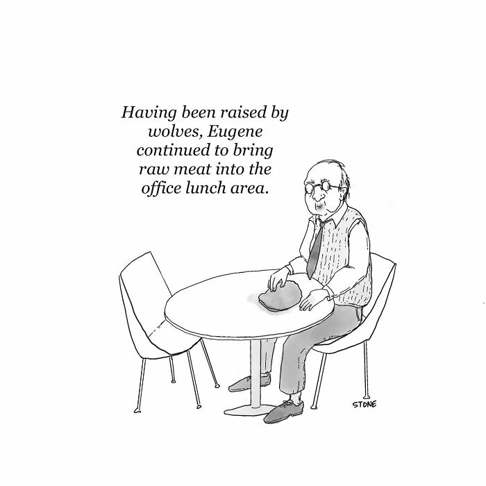 Cartoon of a man named Eugene bringing raw meat to the office lunch area, illustrating everyday thoughts in hilarious comics.