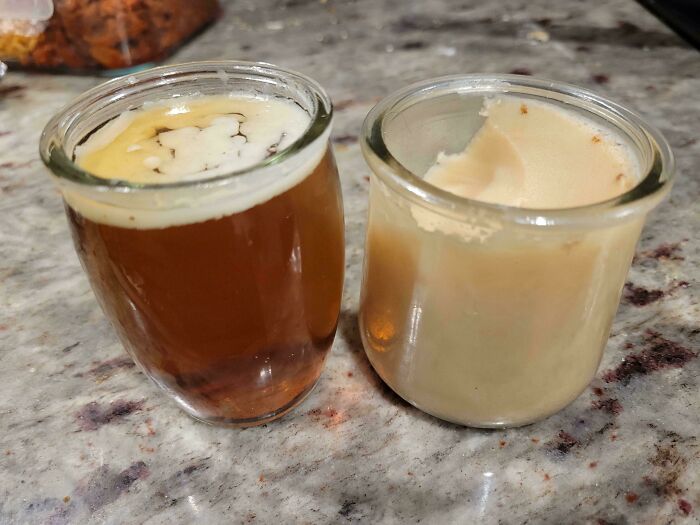 Comparison pics showing two different beverages side by side in small clear glass cups on a marble surface