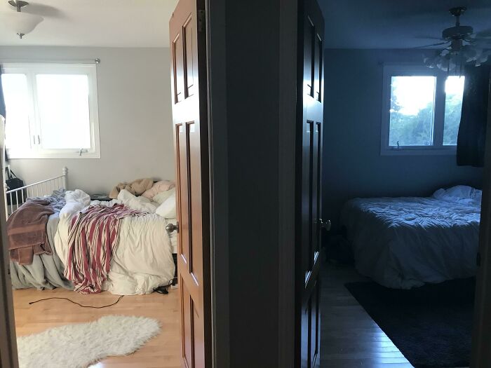 Side-by-side bedroom comparison showing variety in lighting and decor, illustrating the concept of interesting comparison pics.