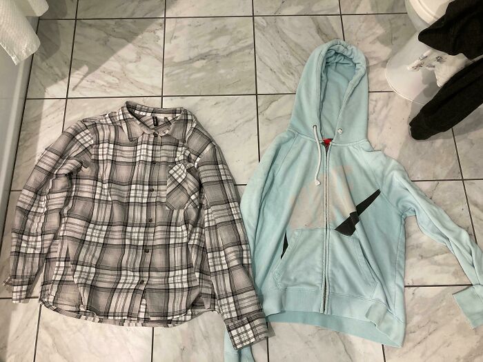 Comparison pics showing variety in clothing styles with a plaid shirt and a light blue hoodie on tiled floor