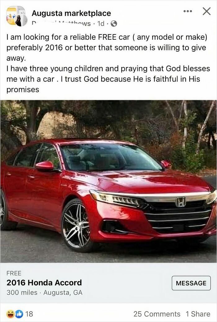 Facebook post requesting a free car with three children, illustrating entitlement and desire for a free house concept.