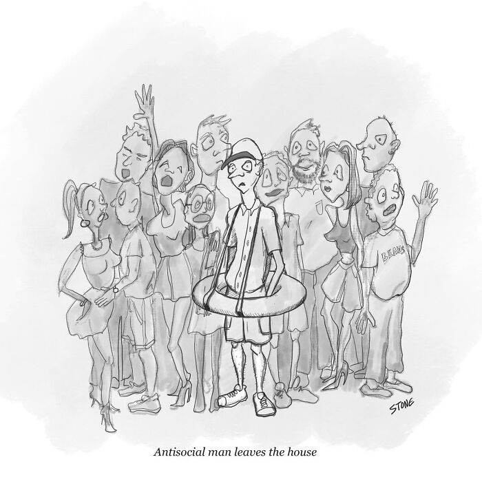 Hilarious comic of an antisocial man standing awkwardly among a crowd, capturing everyday thoughts in a creative cartoon style.